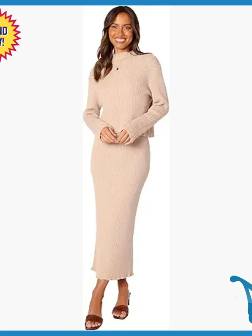Long Sleeve Knit Top and Midi Skirt Set, Small, Acrylic Blend
